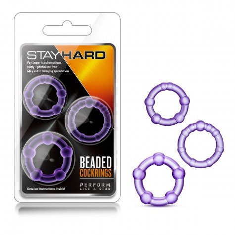 Набор из 3 фиолетовых эрекционных колец Stay Hard Beaded Cockrings